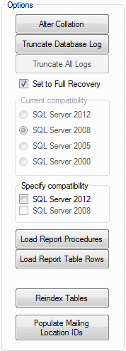Aurora systems Manager - Databases - 4 panel - options