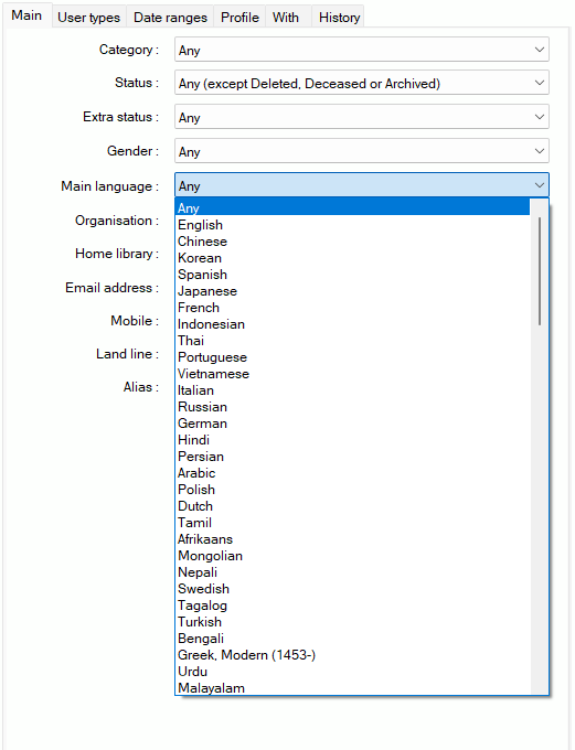 User Lists- main tab - Main Language