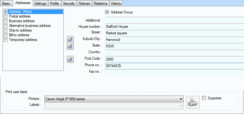 User details - Address tab - printing user labels