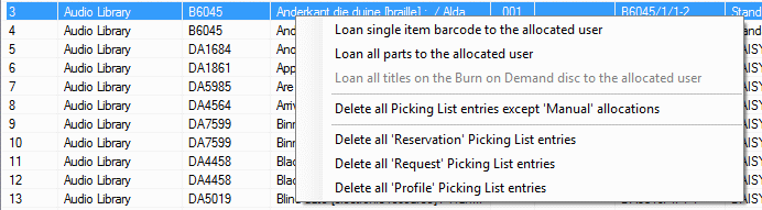 Allocate screen - Right click actions on the pick list table