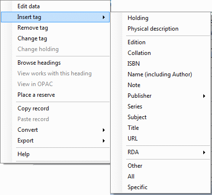 Cataloguing - Insert tag - right click context menu
