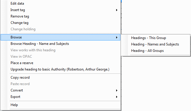 Cataloguing Process - Browse headings - context menu