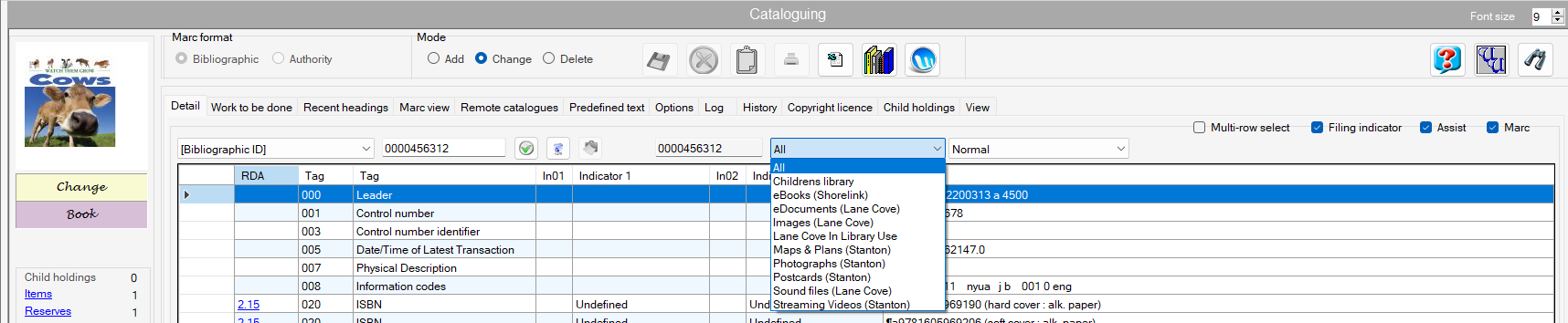 Cataloguing screen - Bibliographic - change - Database subset dropdown