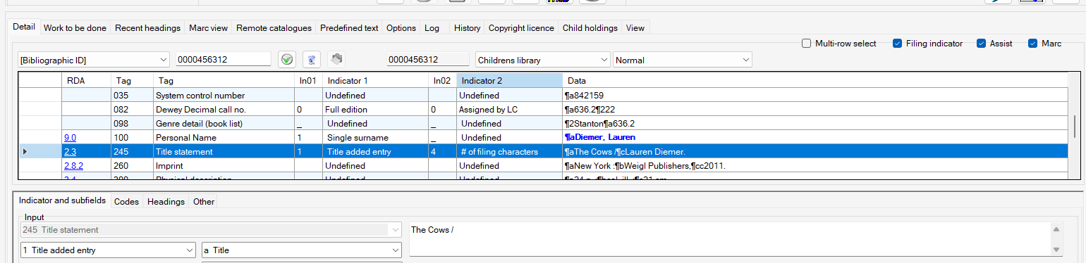 Cataloguing screen - Bibliographic - change - Filing indicator on