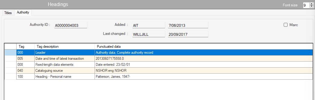 Headings - Associated records display - Authority Tab