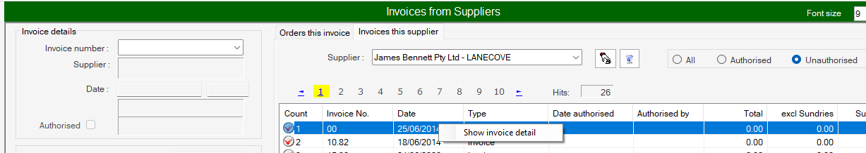 Invoice - Invoices this supplier - popup