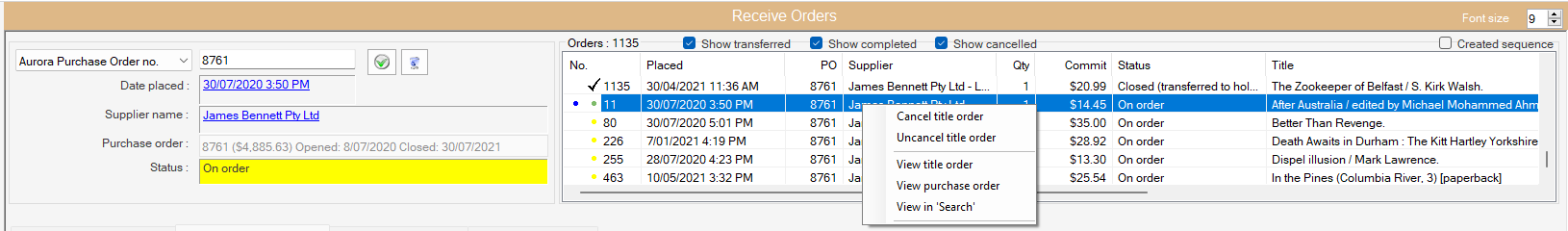 Receive Orders - Order List