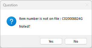 Returns screen - Return exception message - Item number not on file