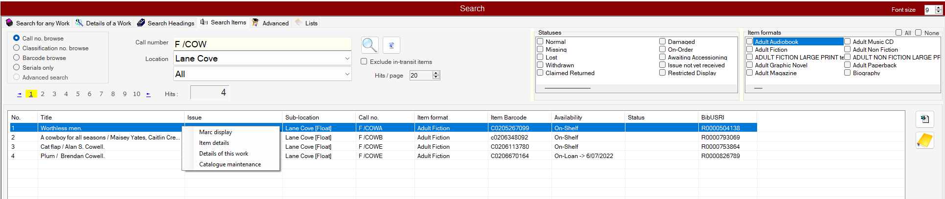 Search - Search Items - call number browse