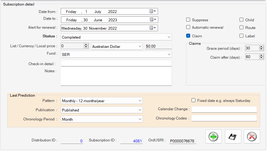 Serial Control - Orders tab - Subscriptions Detail Panel