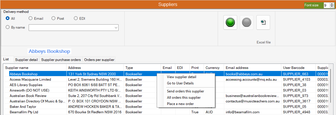 Suppliers screen - List tab