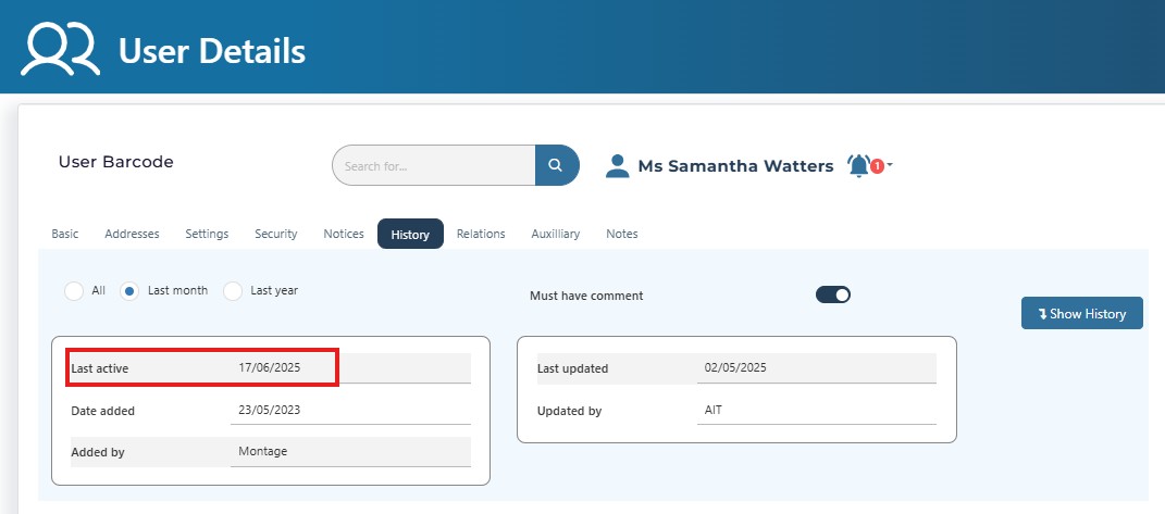 User details - History - Last active